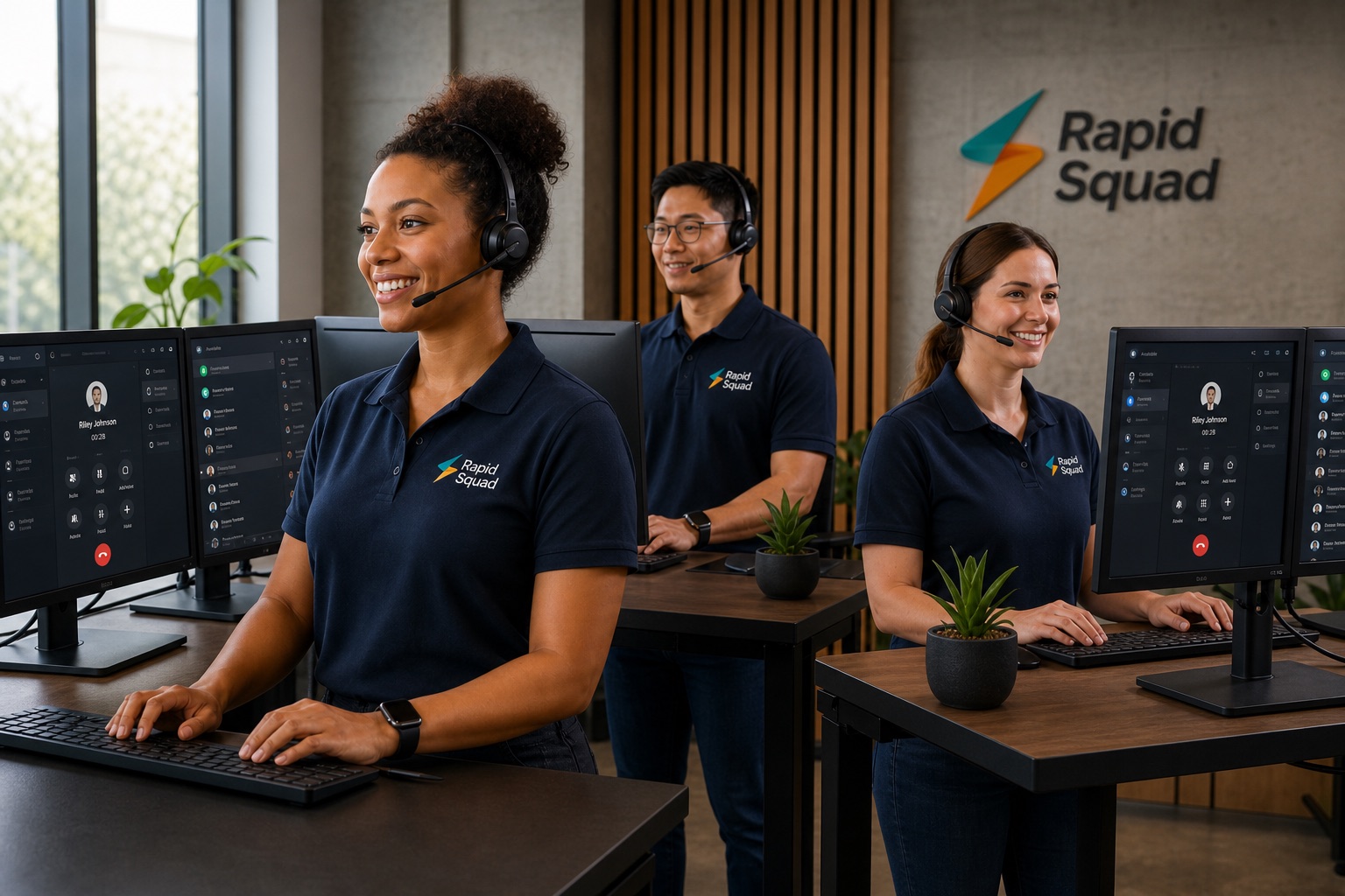 Rapid Squad agents in logo polos on headsets