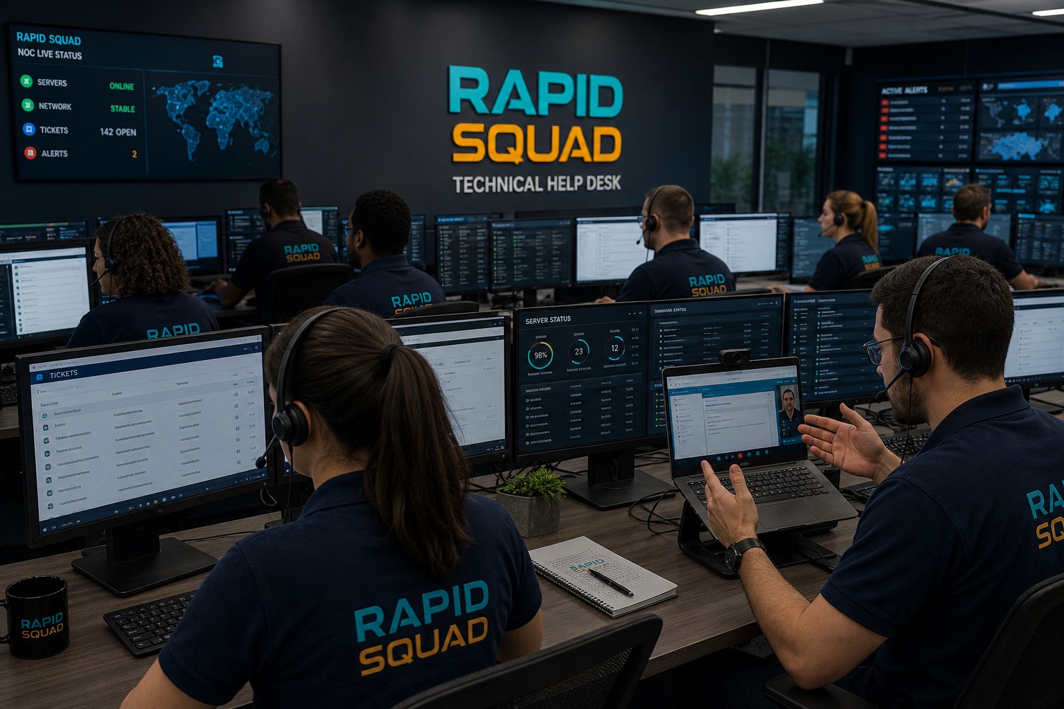 Rapid Squad technical helpdesk agents at dual monitors with NOC displays in branded attire
